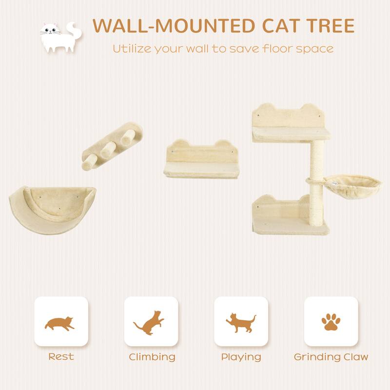 PawHut Cat Wall Shelves, 4 Pcs Cat Wall Furniture Cat Climbing Shelf with Cat Hammock, 3 Steps, Perches, Scratching Postfor