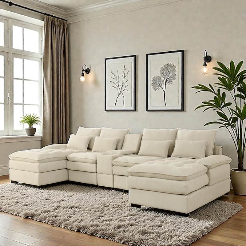 130" U Shaped Sectional Sofa with Console and Cup Holders, 6 Seat Upholstered Couch with Chaise for Living Room