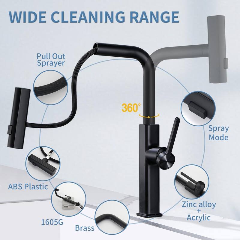 Modern 180 Degree Swivel Single Handle Kitchen Faucet with Pull Down Sprayer 3-Function Mode
