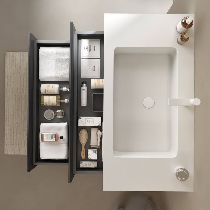 Plywood Wall-Mounted Bathroom Vanity Set in Grey with Integrated Acrylic Sink