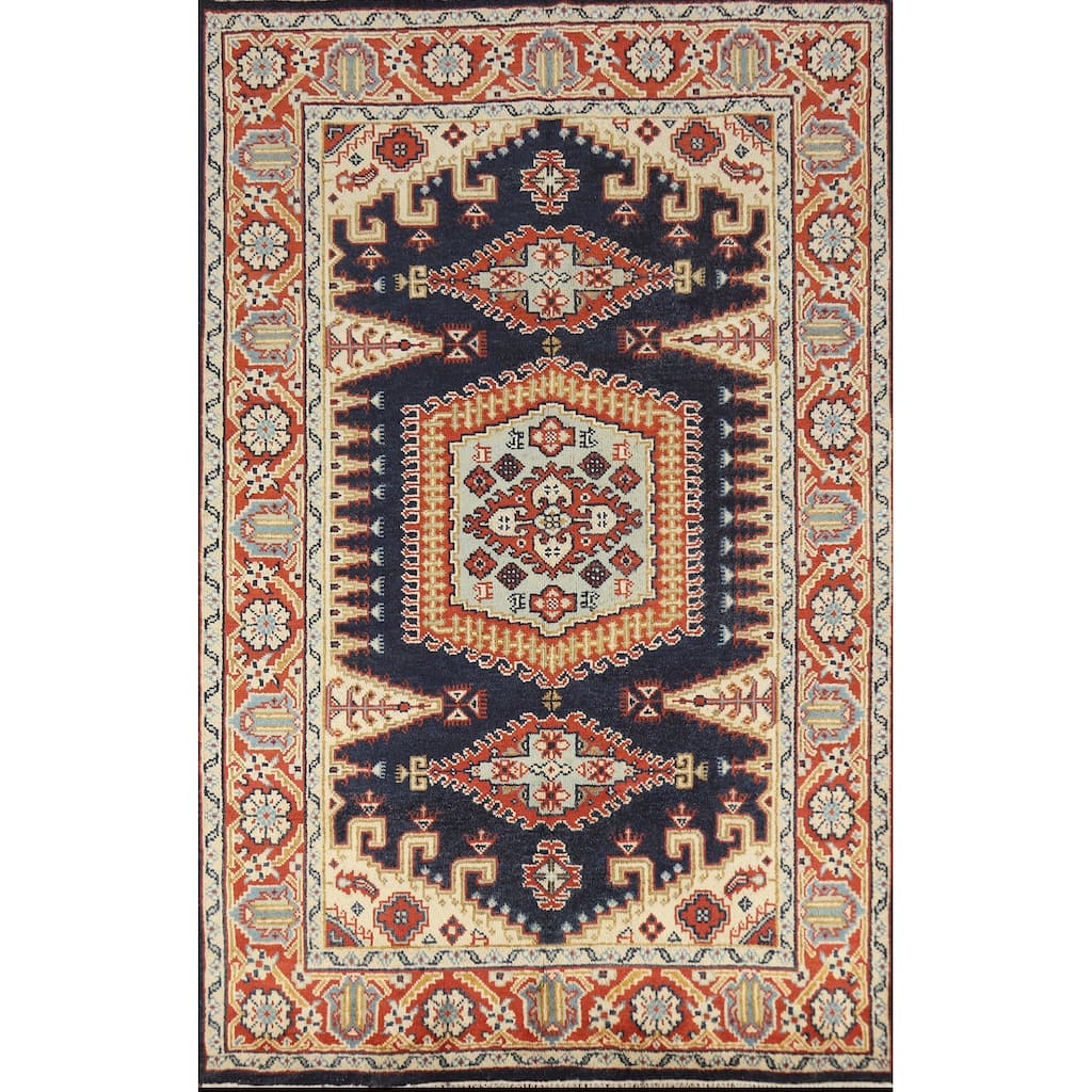 Navy Blue Viss Indian Area Rug Hand-Knotted Wool Carpet - 5'11" x 9'0"