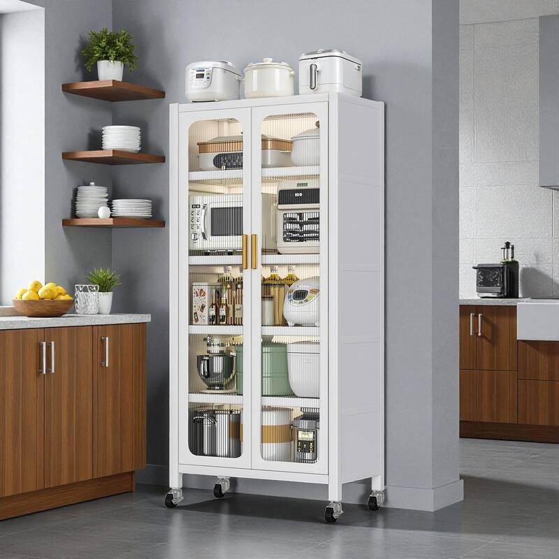 65" Metal Kitchen Pantry Storage Cabinet with Wheels, Adjustable Shelves and Transparent Doors for Living Room or Dining Room