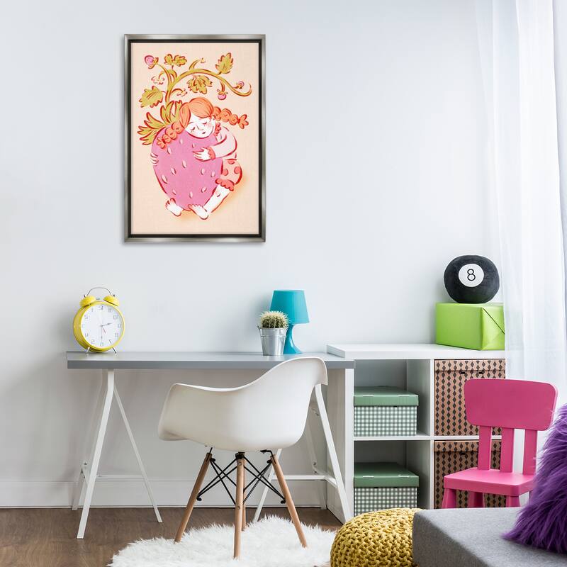 Stupell Girl Hugging Strawberry Framed Floater Canvas Wall Art Design By Hannah Moren