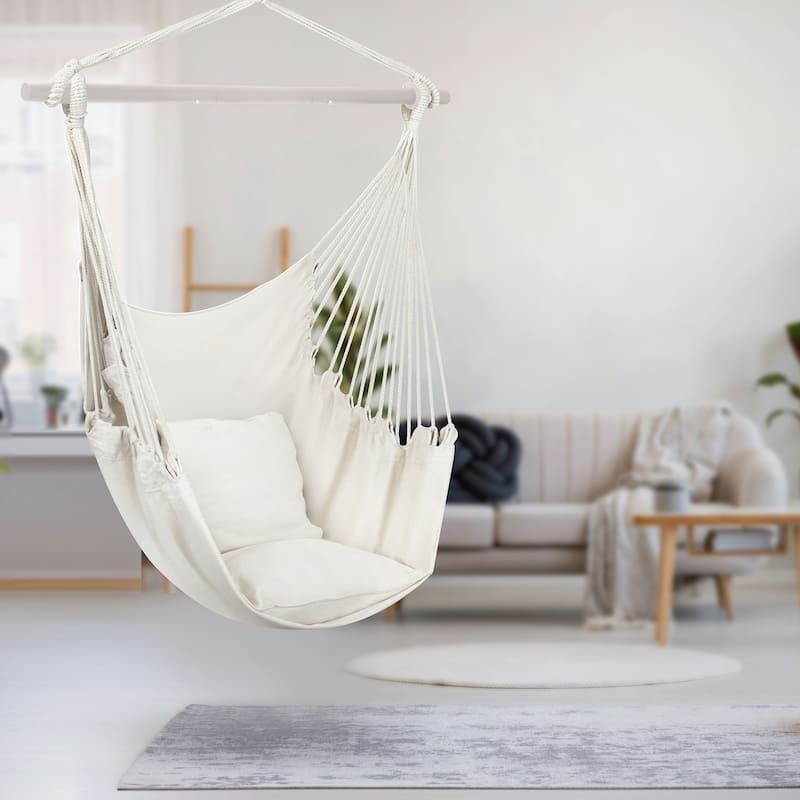 Hanging Rope Hammock Chair Swing Seat for Any Indoor or Outdoor Spaces, 2 Seat Cushions Included (White)