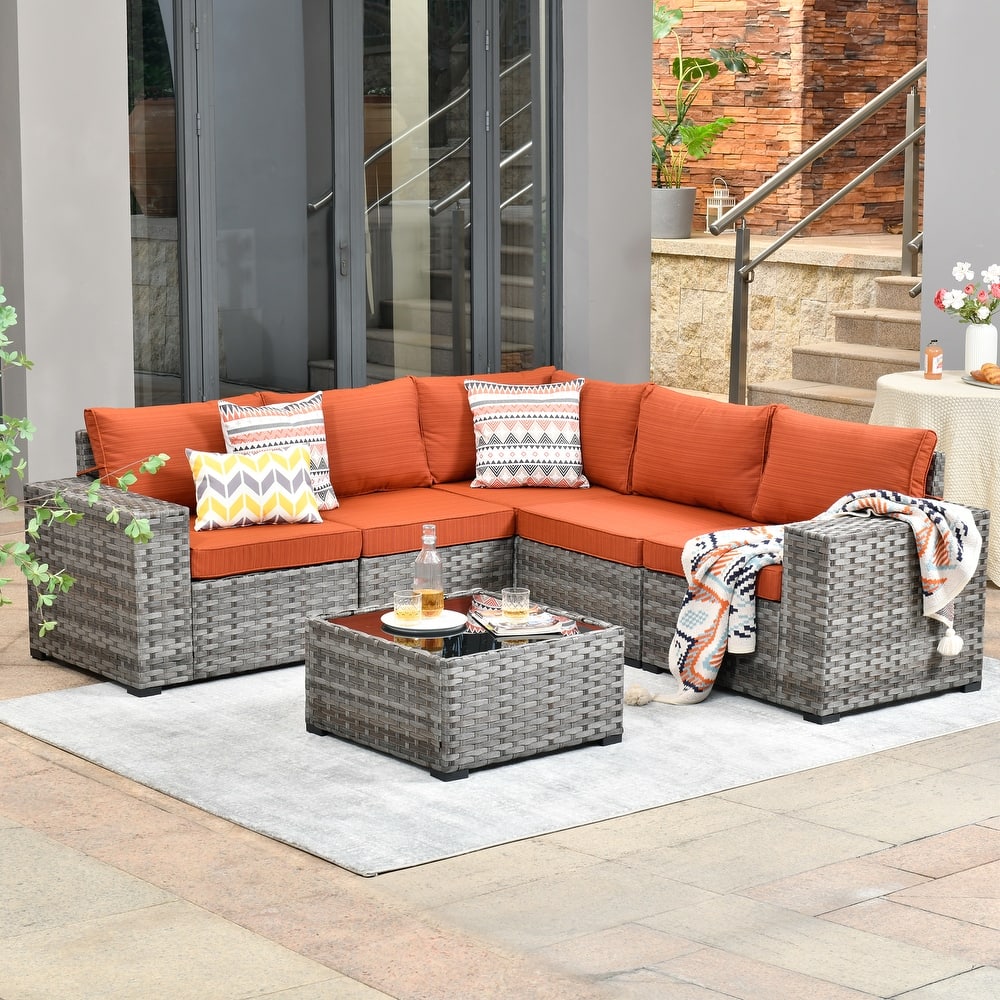 OVIOS Patio Wicker Furniture Wide Arm 6-piece Set with Table