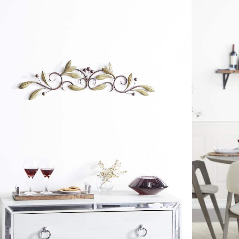 Metal Leaf Home Wall Decor with Scrolled Vine - Green or Red - Roche River Decor