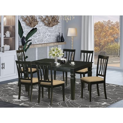 Modern Dining Set 7 Piece - Rectangle Table with Leaf & 6 Fabric Chairs - Black Finish