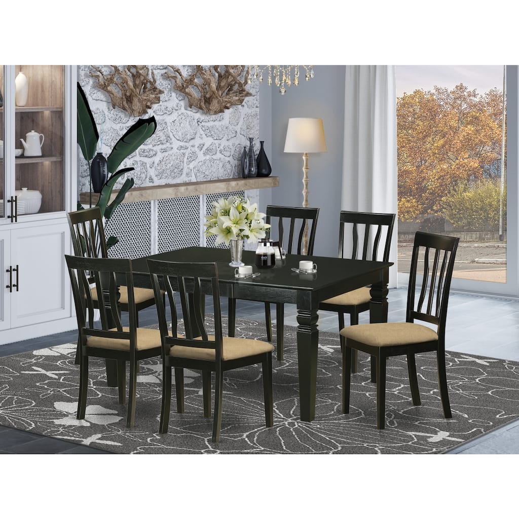 Modern Dining Set 7 Piece - Rectangle Table with Leaf & 6 Fabric Chairs - Black Finish