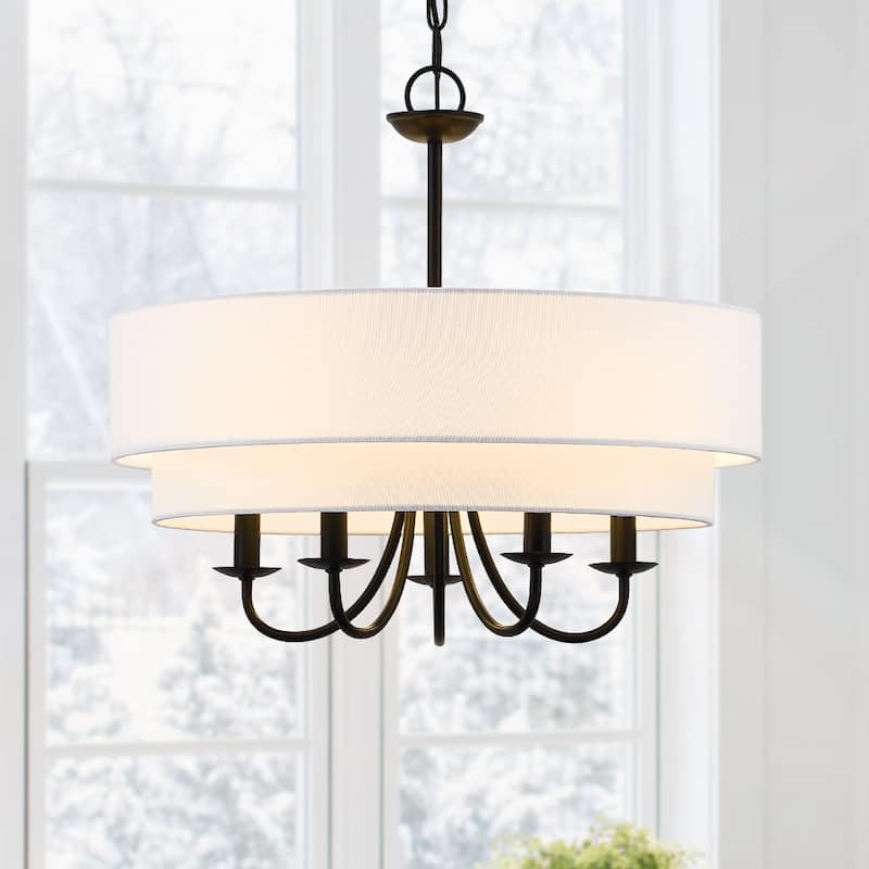 Martina 5-Light Black Chandelier Light with White Double Drum Shade - 21.5"W - 21.5"W