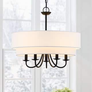 Martina 5-Light Black Chandelier Light with White Double Drum Shade - 21.5"W