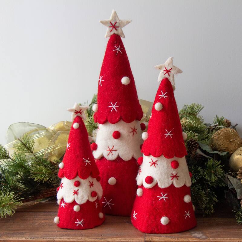 Handmade Felt Christmas Tree Topper or Tabletop Decor, Set of 3 Red
