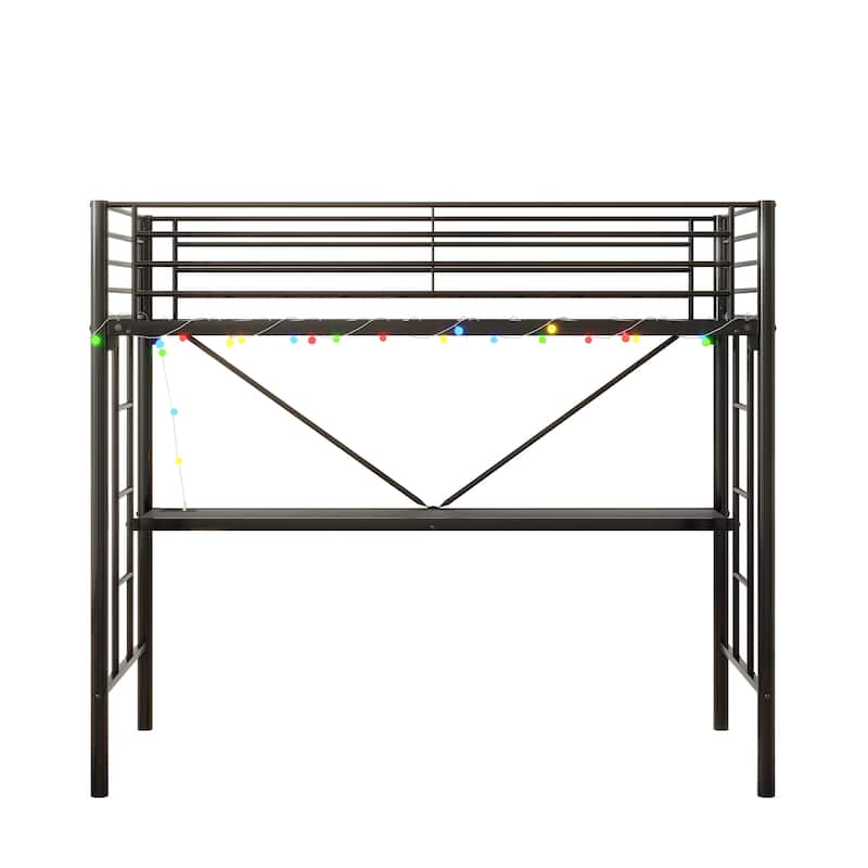 Twin Metal Loft Bed with Built-In Desk, LED Lighting, Power Outlets & USB Ports, Safety Guardrails, Dual Ladders