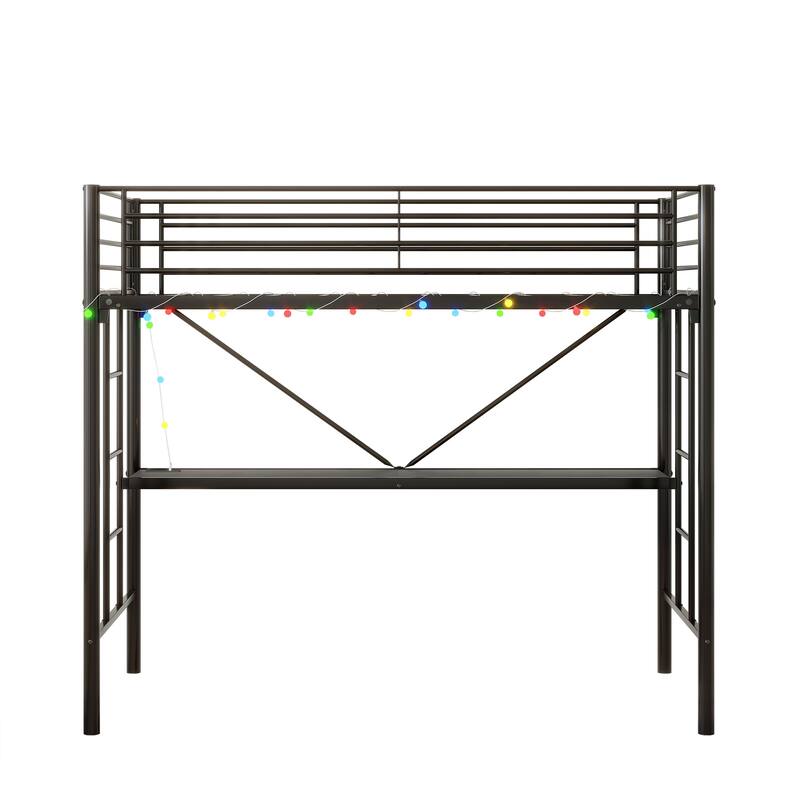 Twin Metal Loft Bed with Desk, Power Outlet, LED Lights, Safety Guard Rails, and Ladder, Black