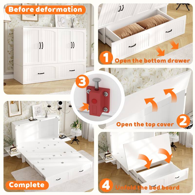 Queen Size White Storage Bed Frame with Headboard Storage, Built-In Cabinets, Drawers & Side Shelf