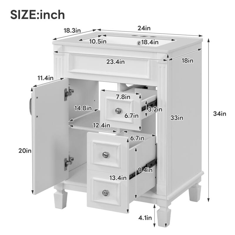 24" Freestanding Bathroom Vanity with White Integrated Ceramic Sink - 24'' x 18.3'' x 34''