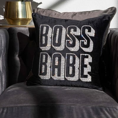 Boss Babe Pillow, Pearls and Rhinestones on Velvet, Feather Insert