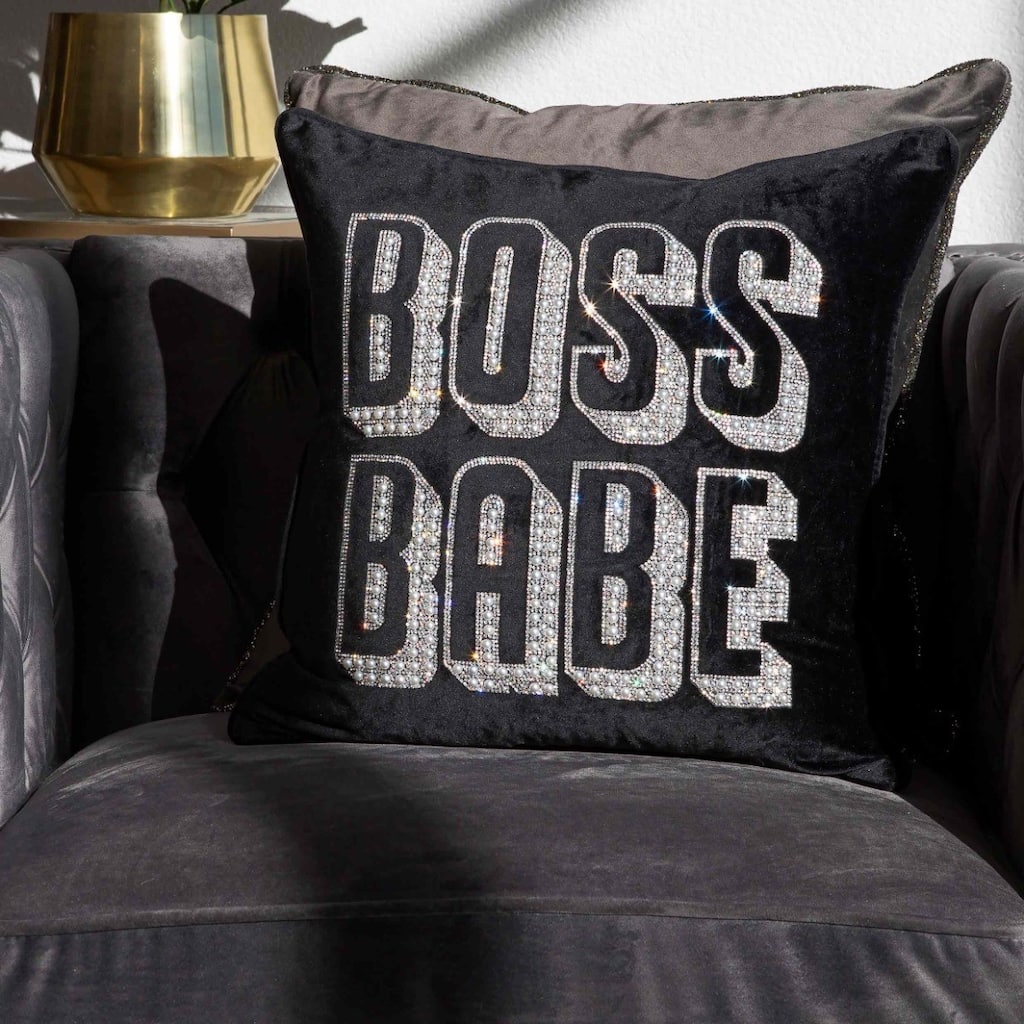 Boss Babe Pillow, Pearls and Rhinestones on Velvet, Feather Insert