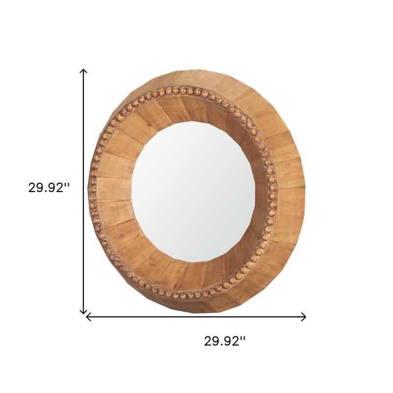 HomeRoots 30" Brown Solid Wood Faceted And Beaded Round Framed Accent Mirror - 29.92 in. x 29.92 in. x 4.13 in.