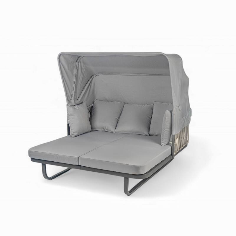 57" Outdoor Patio Rattan Daybed Sunbed with Retractable Canopy and Pillows