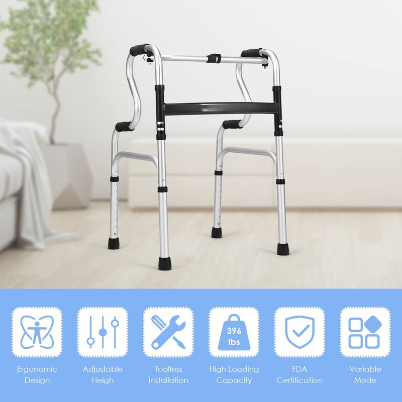 Costway One-button Folding Walker Aluminum Walking Frame w/ Adjustable - See Details