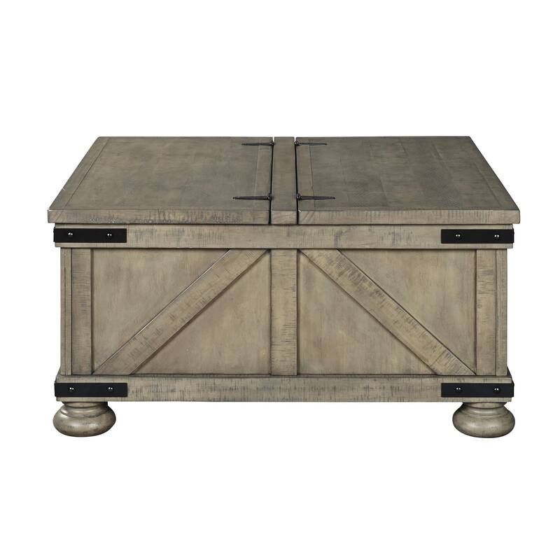 Farmhouse Cocktail Table with Lift Top Storage and Crossbuck details, Gray