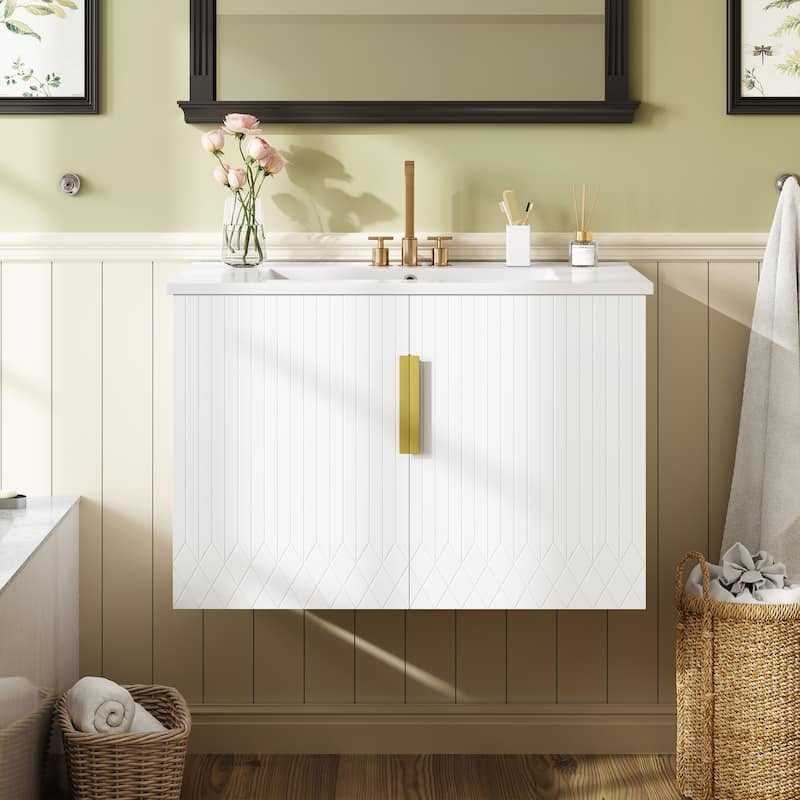 30" Classic Vintage Vanity Set – Ceramic 3-Hole Sink with 2 Soft-Close Cabinet Doors‌ - White -  30" 