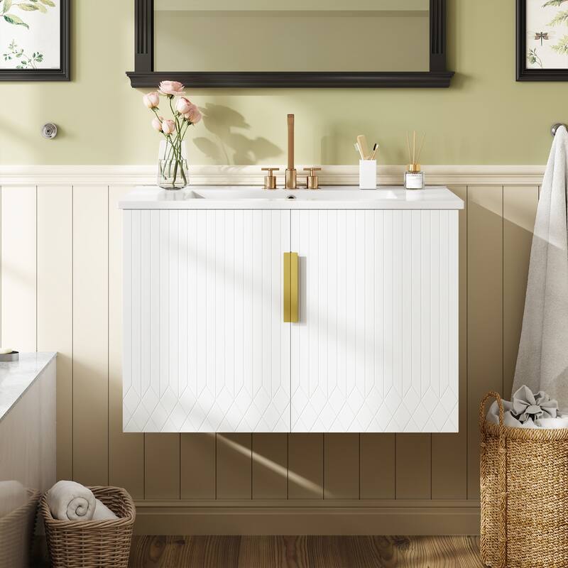 Vintage Wall-Mounted Bathroom Vanity with Ceramic Sink by Harper&Bright Designs - White