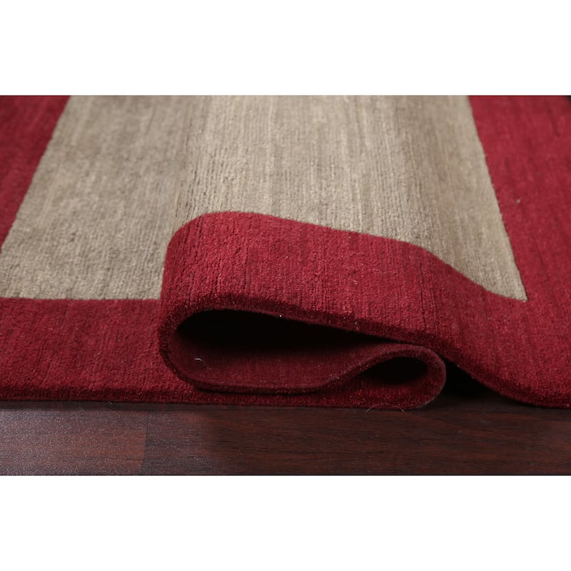 Vegetable Dye Bordered Nepalese Modern Oriental Wool Area Rug Handmade - 4'1" x 6'0"