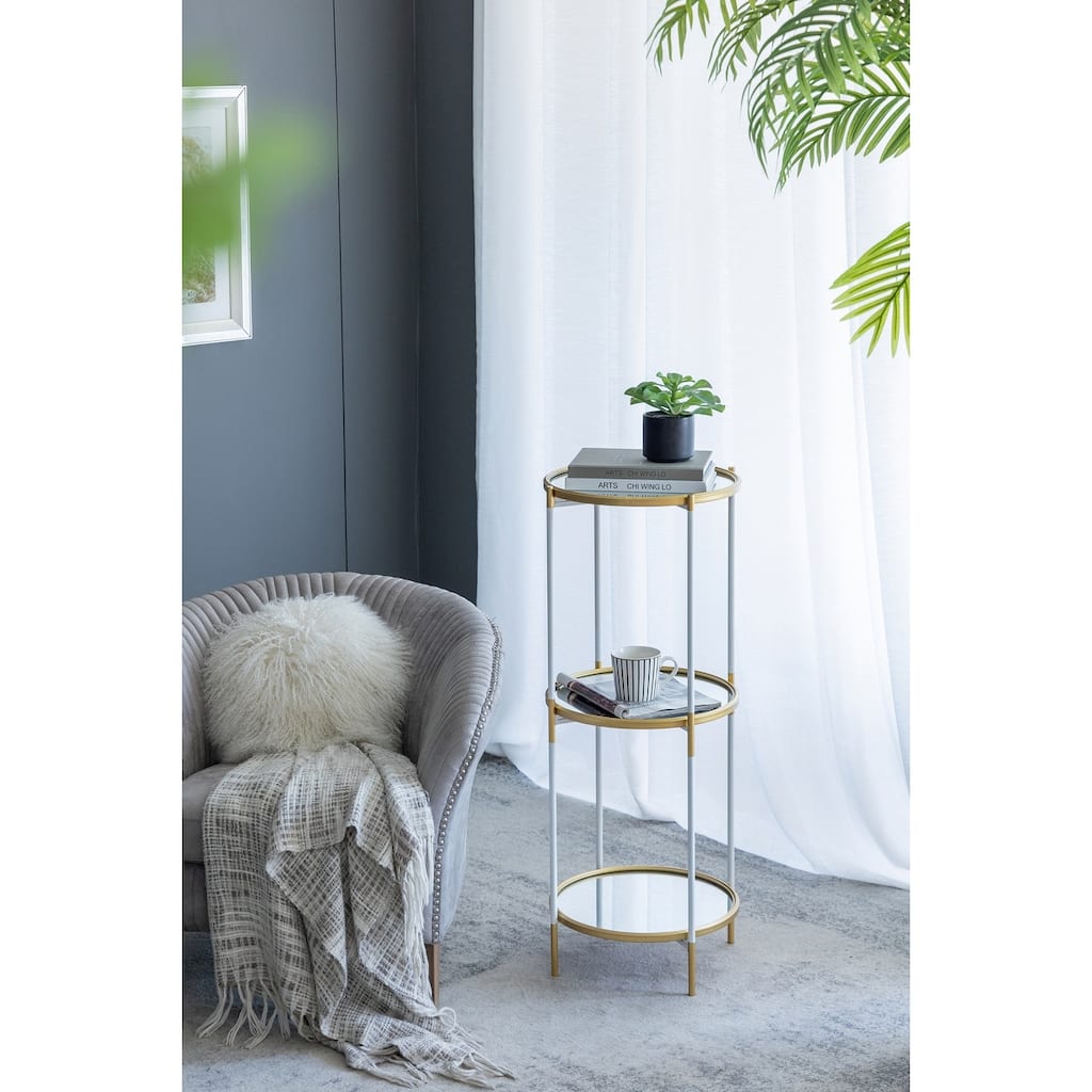 3 Tier Glass Shelf with Metal Frame White and Gold Modern Display Stand