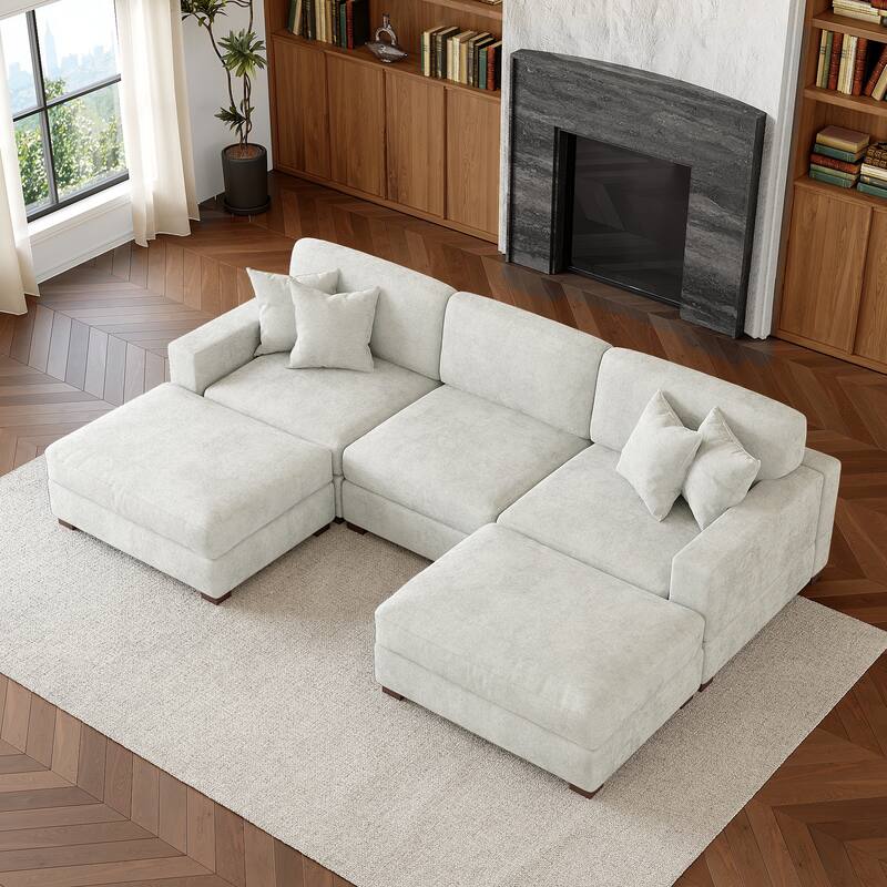 Oversized Chenille Modular Sectional Sofa Conversation Set with 2 Ottomans - Off-White/5 Piece