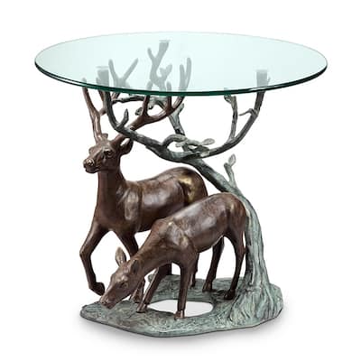 Aluminum / Glass Deer Pair End Table 24 Inch Diameter - 24.5 X 24 X 24 inches