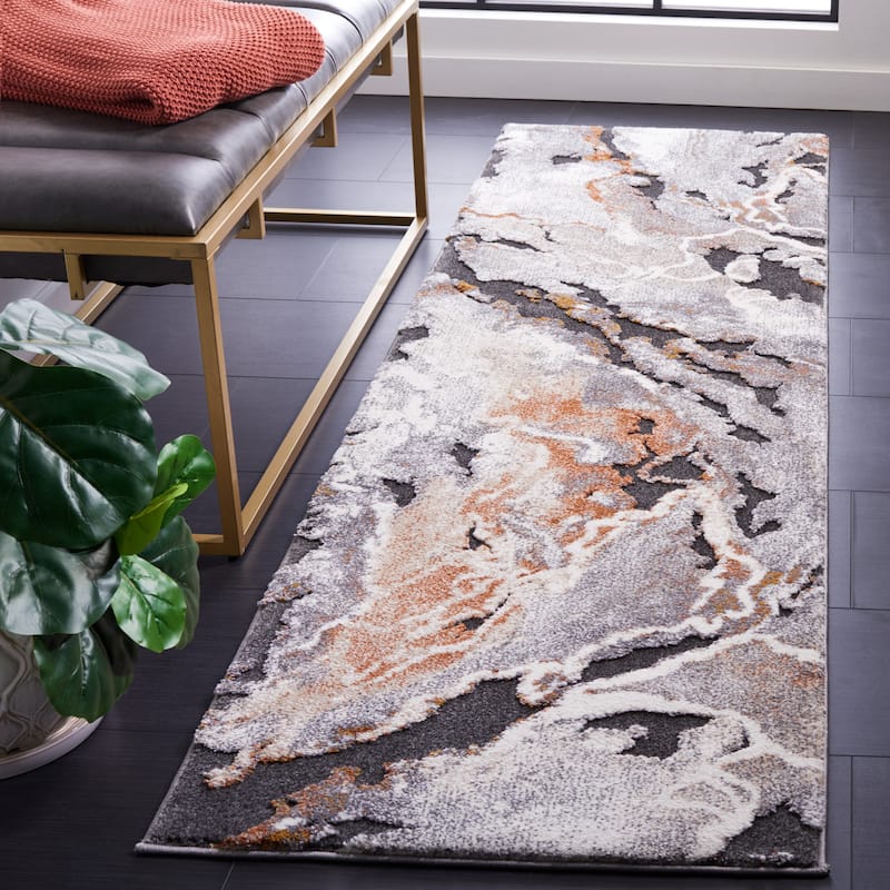 SAFAVIEH Cyrus Shag Kerasoula Abstract 1-inch Thick Rug - 2'2" x 7'9" Runner - Dark Grey/Orange - Runner