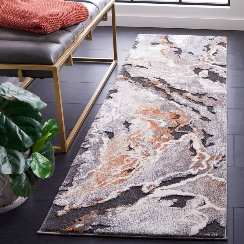 SAFAVIEH Cyrus Shag Kerasoula Abstract 1-inch Thick Rug - 2'2" x 7'9" Runner - Dark Grey/Orange