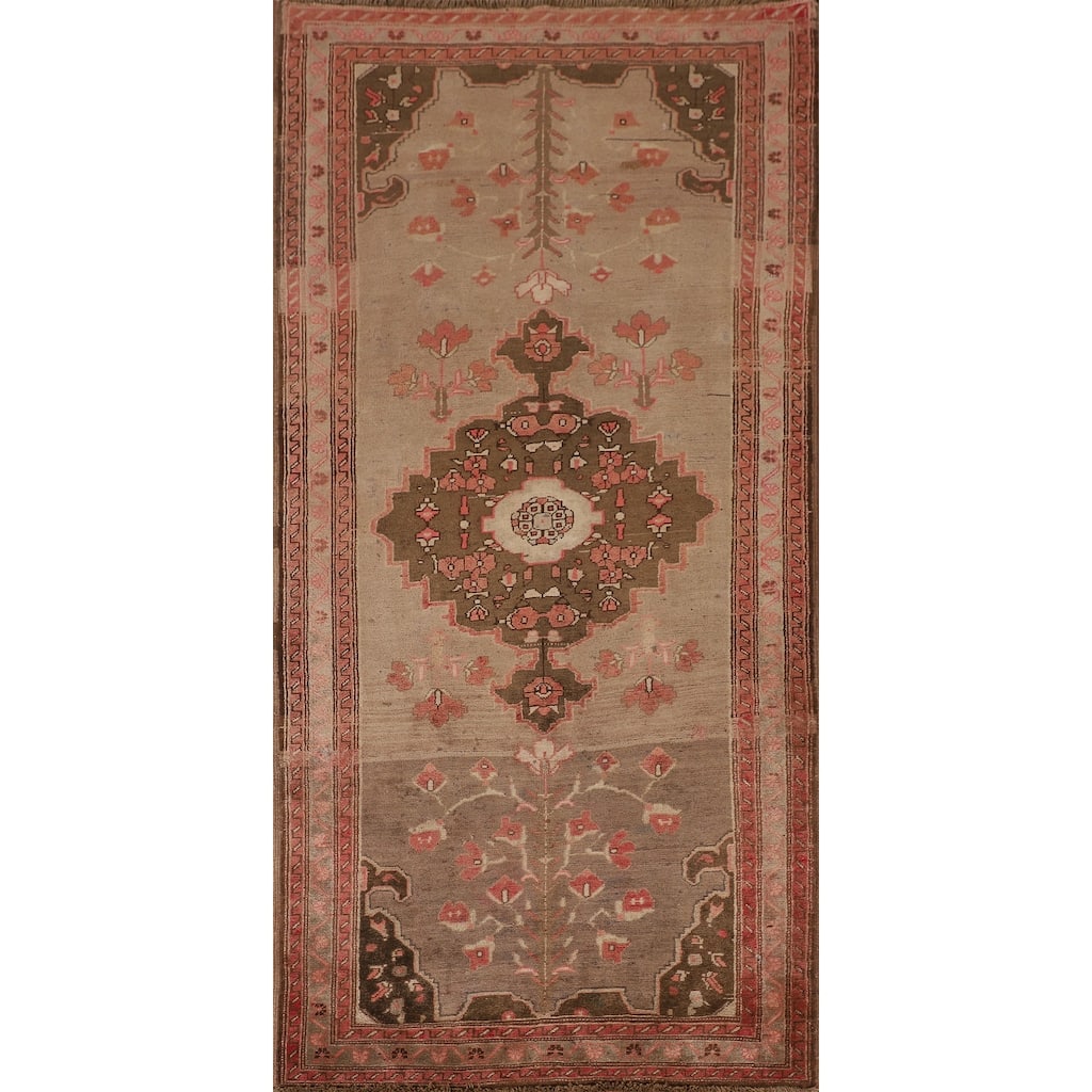 Hamedan Persian Vintage Runner Rug Handmade Brown Wool Carpet - 3'8"x 8'7"