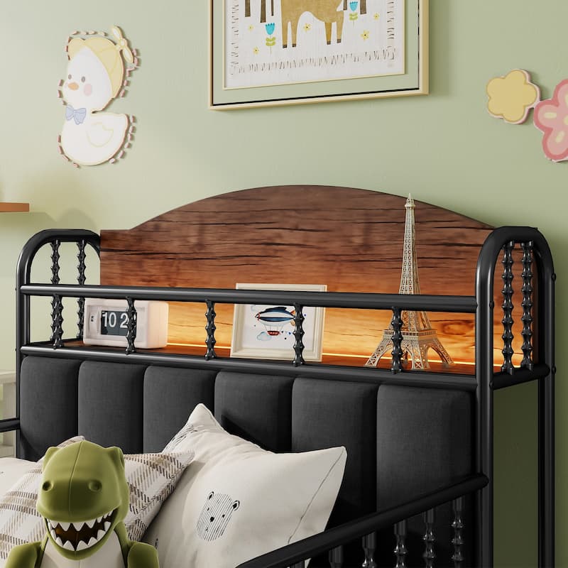 Kids Platform Bed Metal Frame with Linen Fabric Upholstered Storage Headboard Built-in Light Strip, Both Sides Rails