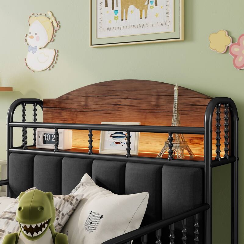 Twin Size Metal Platform Bed with LED Lights, Upholstered Headboard, and Storage for Kids