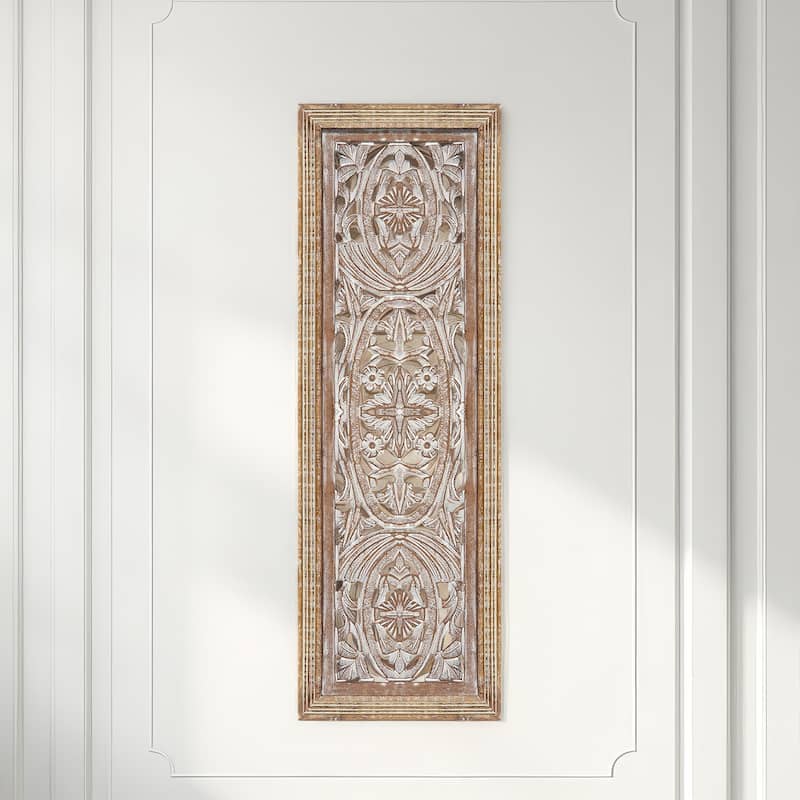 Rectangular Mango Wood Wall Panel Hand Crafted With Intricate Carving, White and Brown