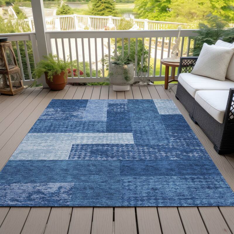 Machine Washable Indoor/ Outdoor Modern Blocks Chantille Rug - Navy - 8' x 10'