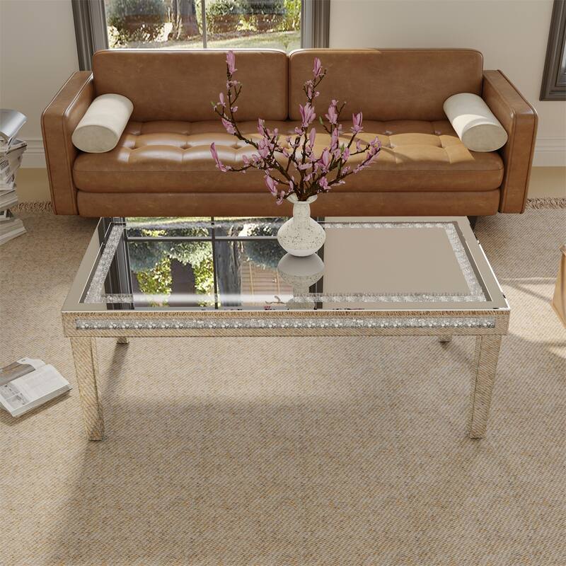 47.24” Long Luxury Modern Rectangular Mirrored Coffee Table with Crystal Diamonds Inlay, Living Room Center Table