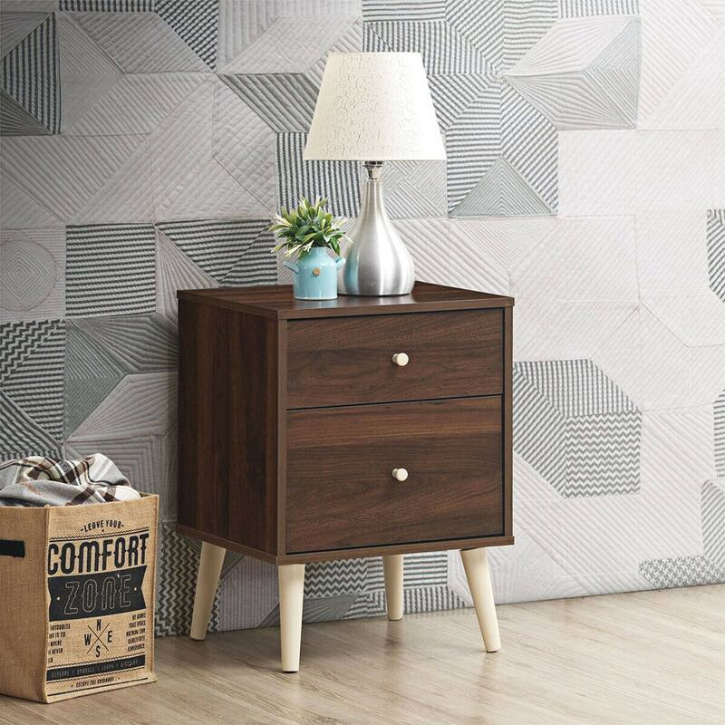 2-Drawer Bedside Table with Rubber Wood Legs and Waterproof Veneer Top - 18" x 16" x 24.5"