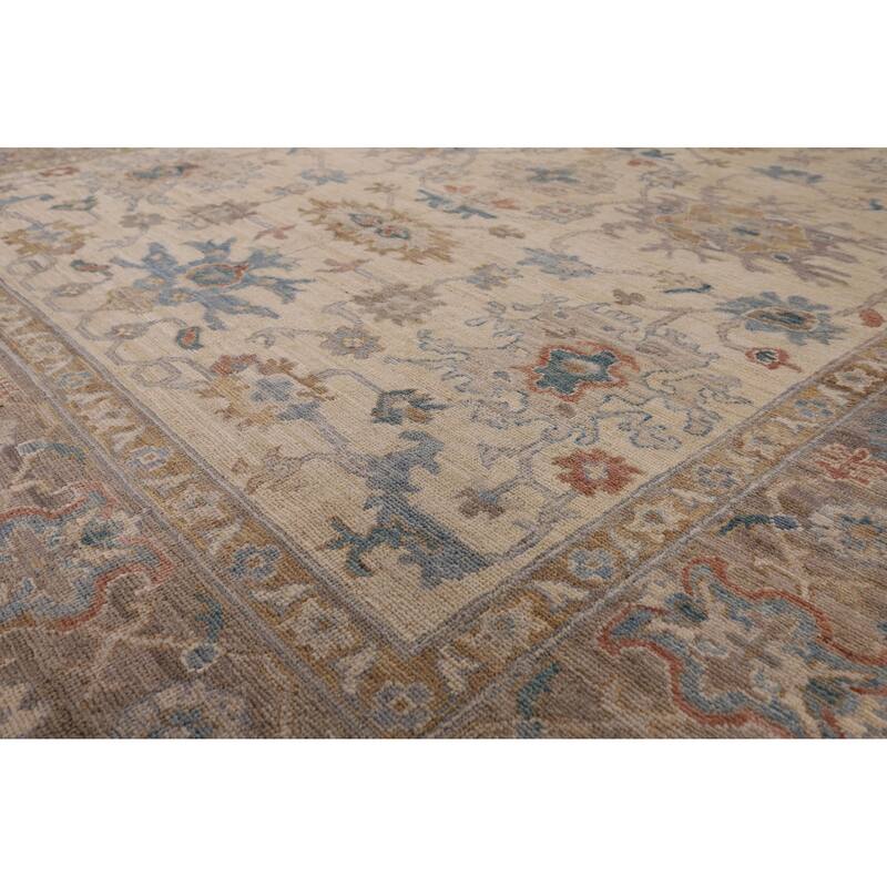 Beige Floral Oushak Vegetable Dye Area Rug Hand-Knotted Wool Carpet - 8'2" x 10'0"
