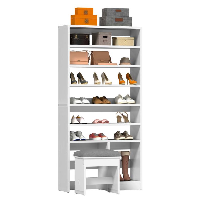 Moasis 8 Tiers Free Standing Shoe Cabinet with Hidden Bench, 70.9'' Tall Shoe Racks with Open Storage & High Boots Cubby