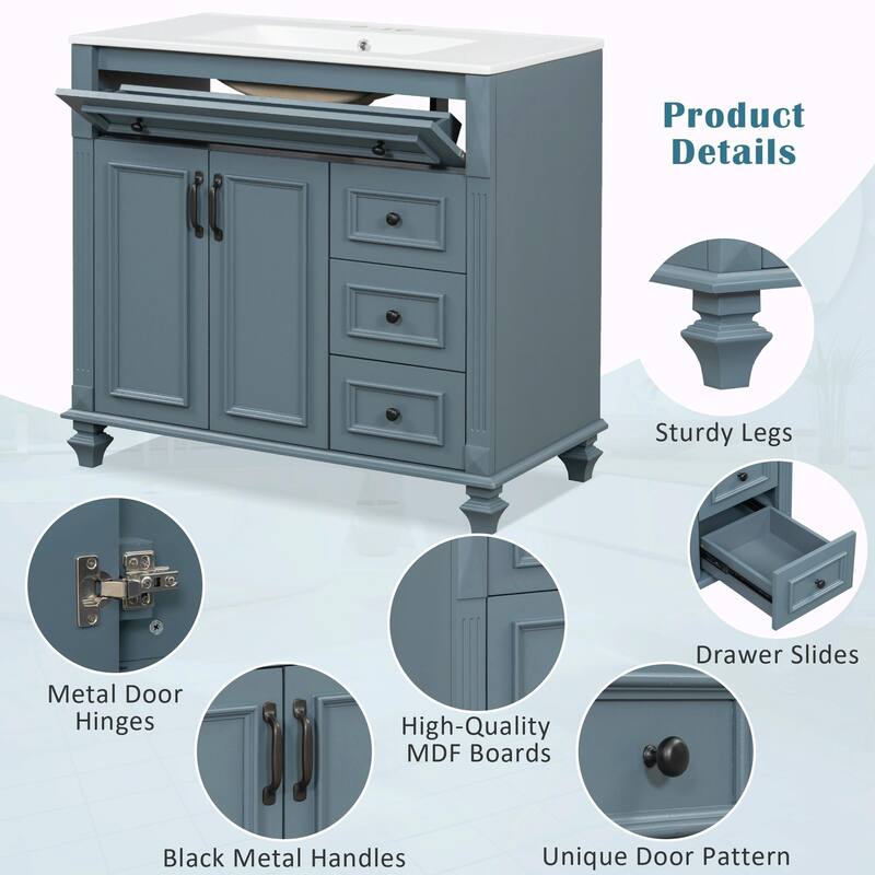 36" Bathroom Vanity with Sink, Cabinet, Flip-Out Drawer, 3 Drawers & 2 Soft-Close Doors