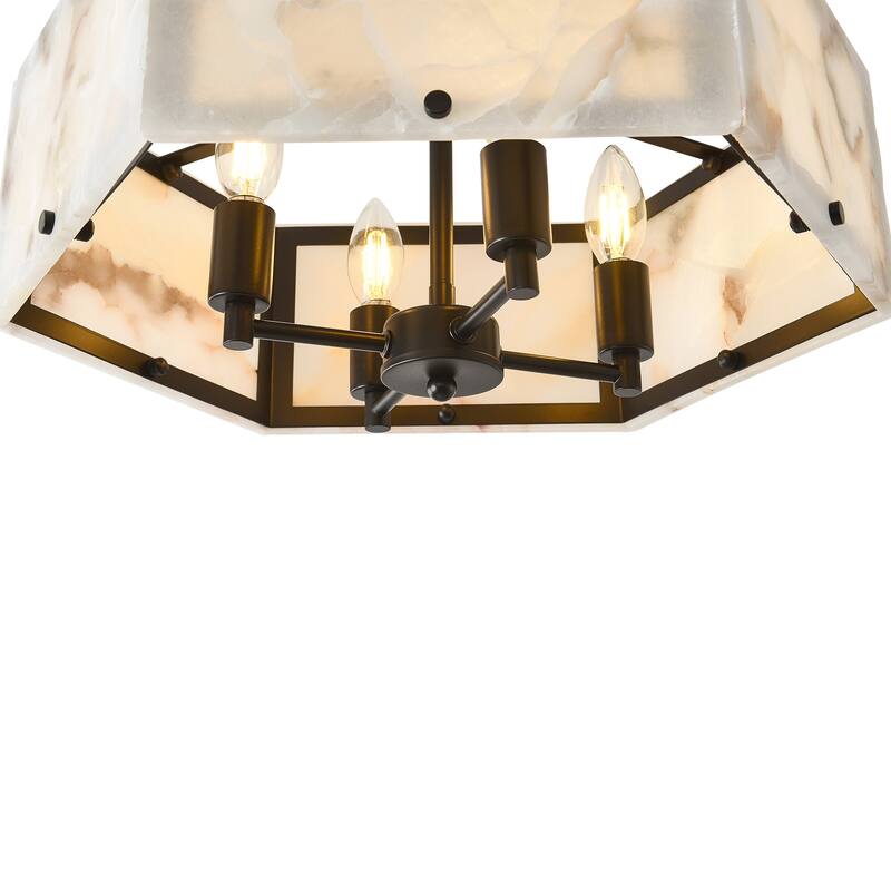 4 - Light Mid - Century Modern Alabaster - Look Octagonal Semi Flush Mount - Matte Black