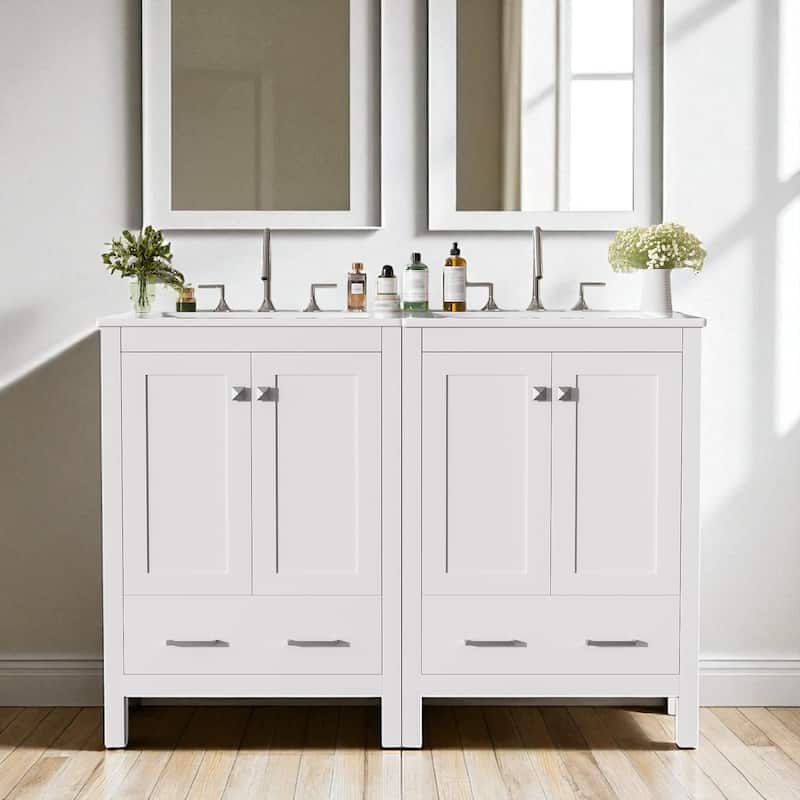 48'' Bathroom Vanity with Ceramic Sink, 4 Soft-Close Doors, 2 Drawers, Adjustable Shelf, Solid Wood Frame & Storage Cabinet - White