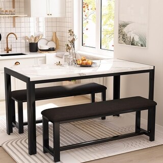 Faux Marble Dining Table Set with 2 PU Leather Benches, Space-Saving ...