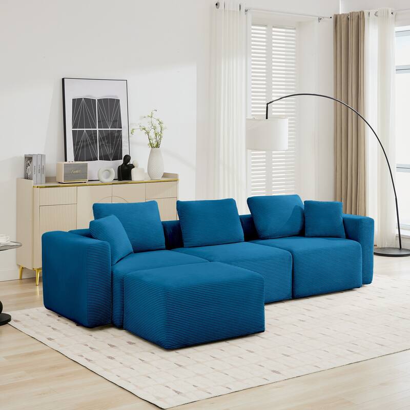 Corduroy Sectional Modular Sofa with Square Arms & Ottoman Extension for Flexible Arrangements