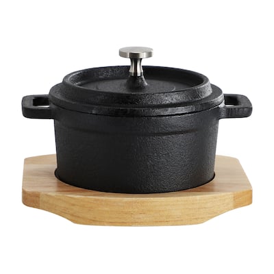 Cast Iron 8 Ounce Mini Dutch Oven with Wood Tray