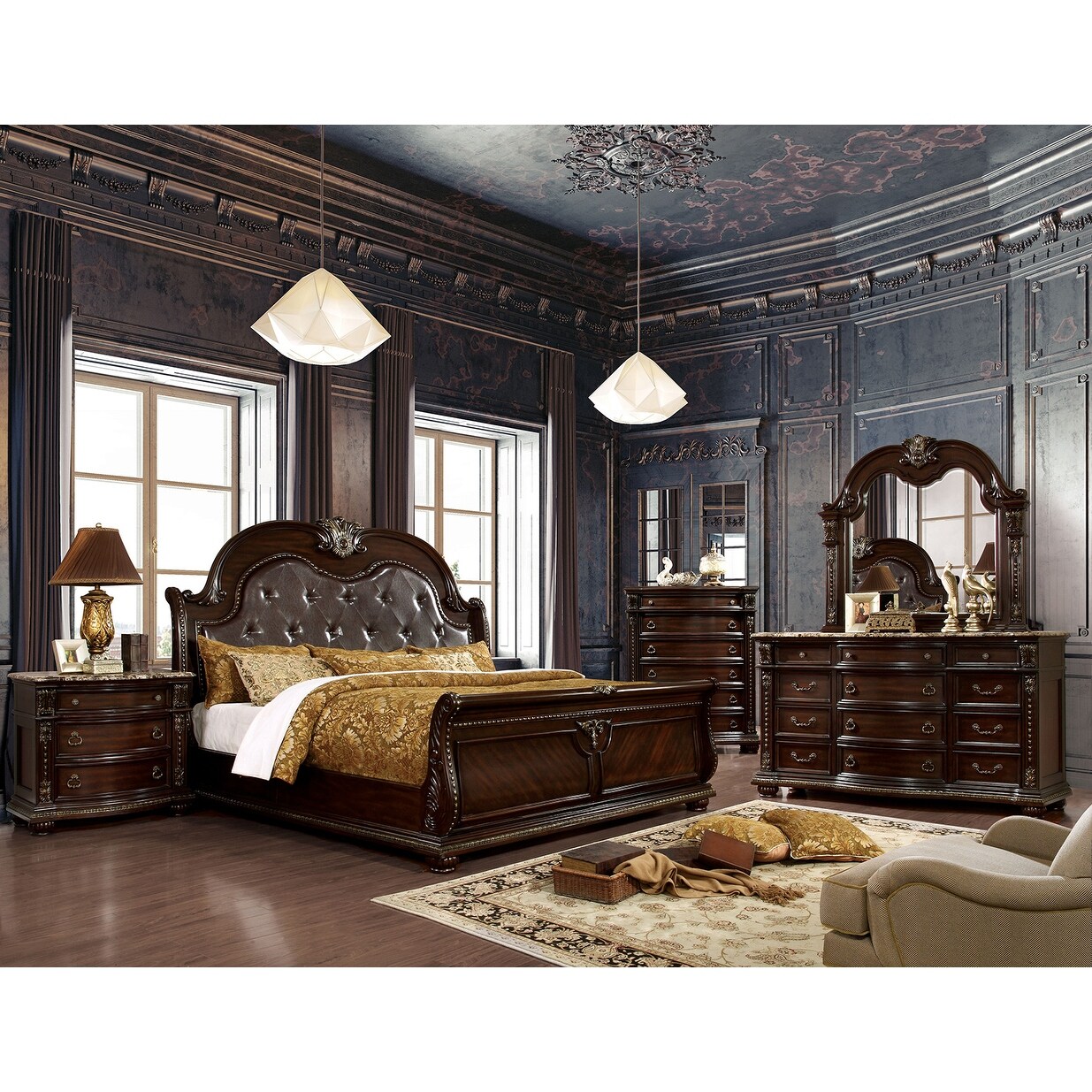 Traditional Brown Cherry Nightstand with Genuine Marble Top and 3 Drawers