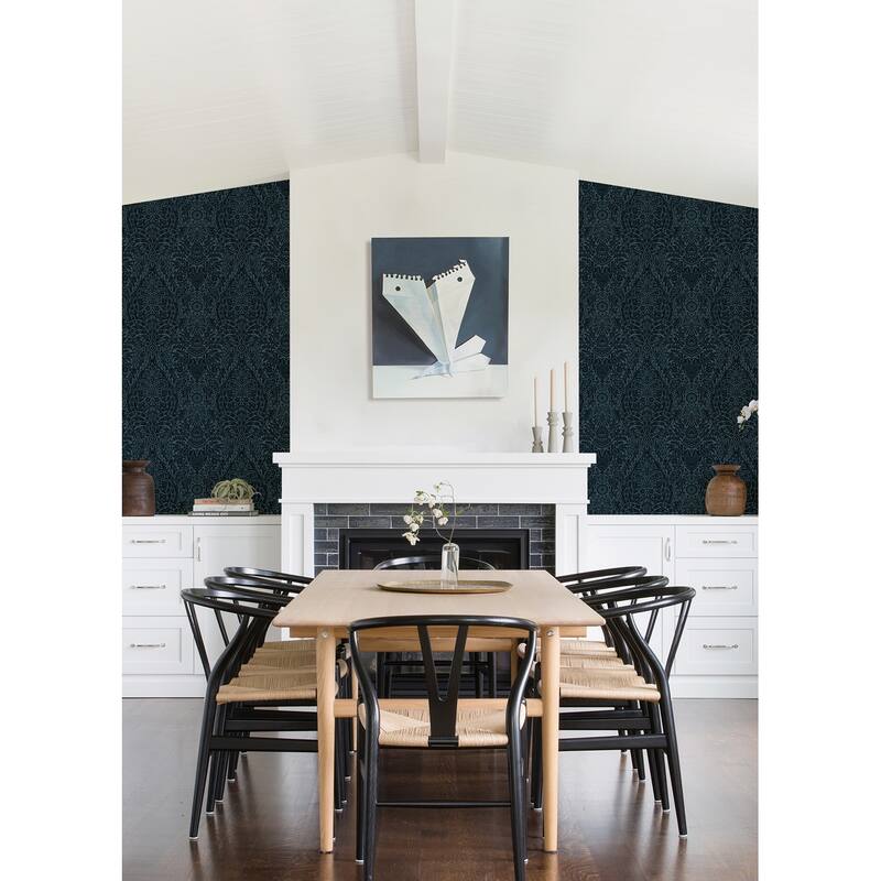 A-Street Prints Maris Indigo Flock Damask Wallpaper